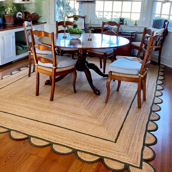 Green Jute Scalloped Rug, Emerald Green Scalloped Runner Rug