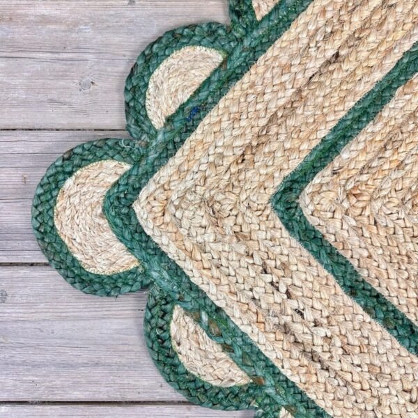 Green Jute Scalloped Rug, Emerald Green Scalloped Runner Rug