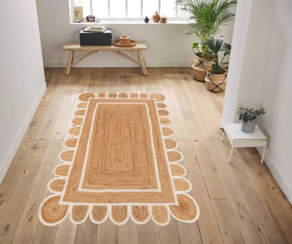 White Ivory Scalloped Jute Rug, off white Jute Scallop Rug