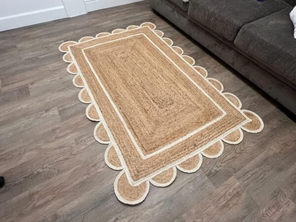 White Ivory Scalloped Jute Rug, off white Jute Scallop Rug