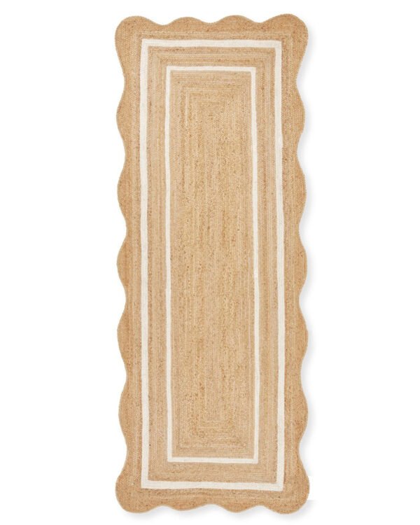 ivory Scallop Wavy Jute Runner Rug, Natural Jute Wave Edge Rug, Scalloped Jute Rug