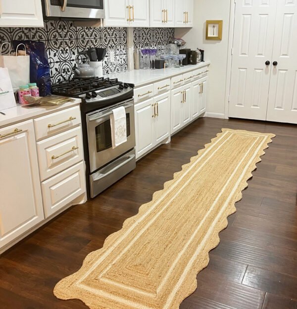 ivory Scallop Wavy Jute Runner Rug, Natural Jute Wave Edge Rug, Scalloped Jute Rug