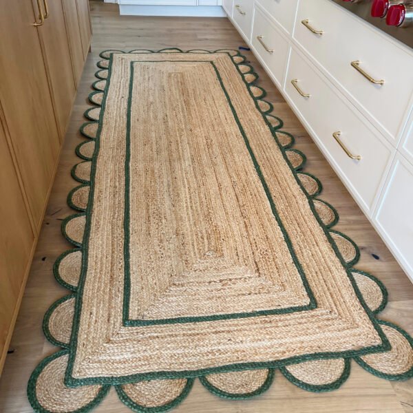 Sage Green Scalloped Jute Rug Boho Jute Scallop Rug, Custom Size Rug, Eco-Friendly Rug, Emerald Green Jute rug, Jute Runner Rug, Natural Fiber Rug, Natural Jute Rug, Rug for dining room, Rug for living room