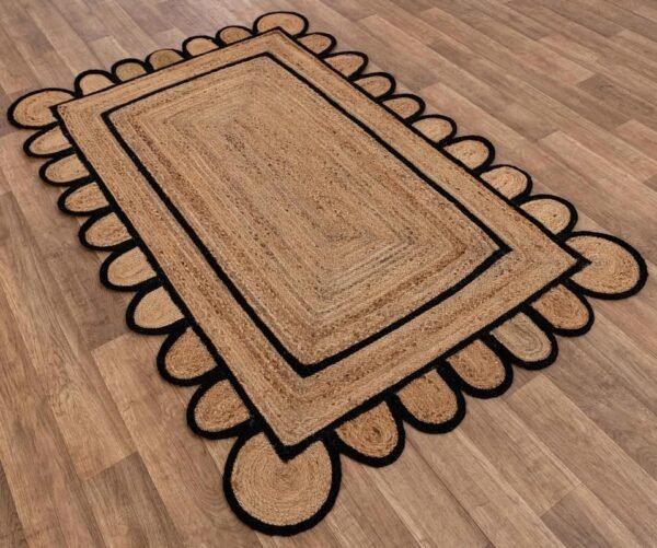 Black Jute Scallop Rug Bohemian Scalloped Jute Rug, Black Scalloped Jute Rug, Scalloped Edge Rug