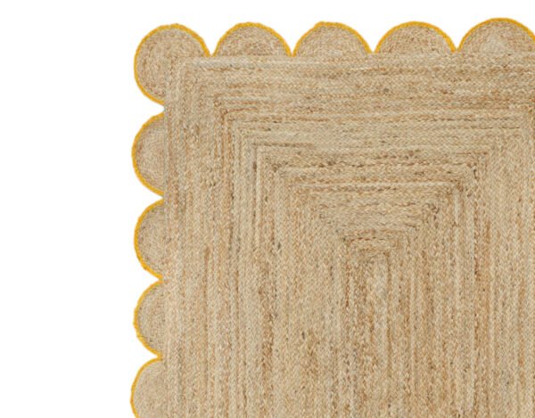 Natural Scalloped Jute Rug in yellow trim Braided Non Slip