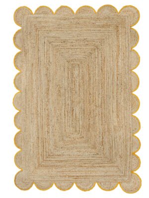 Natural Scalloped Jute Rug in yellow trim Braided Non Slip