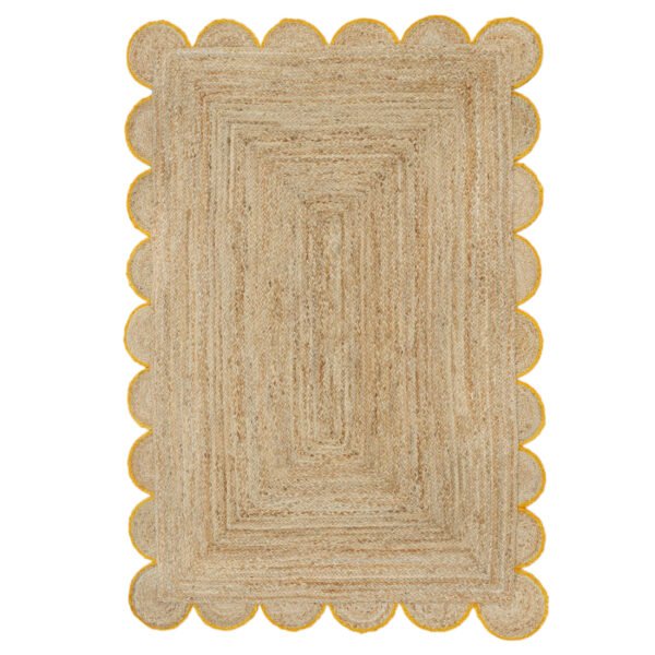 Natural Scalloped Jute Rug in yellow trim Braided Non Slip