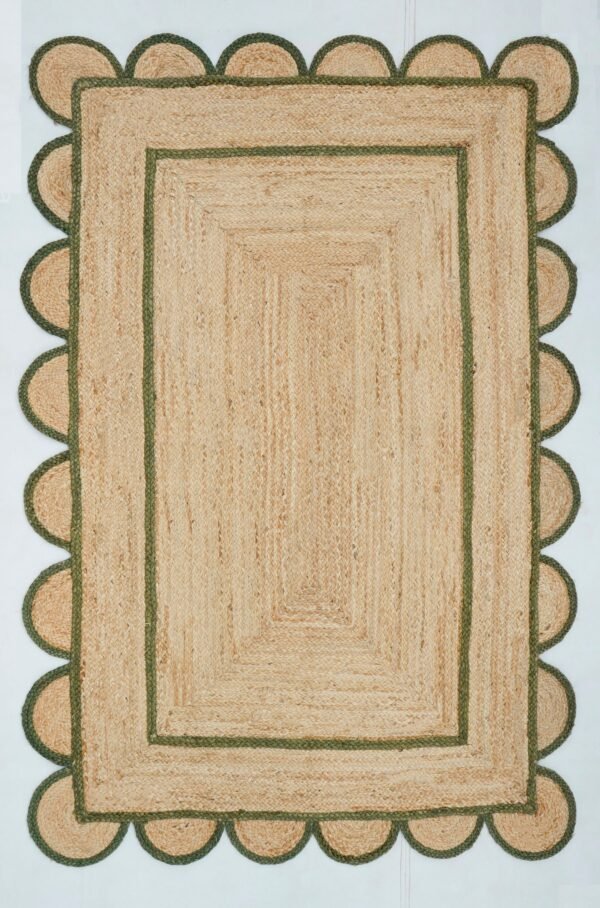 Bottle Green Scalloped Jute Rug , Rectangular Scallop Rug