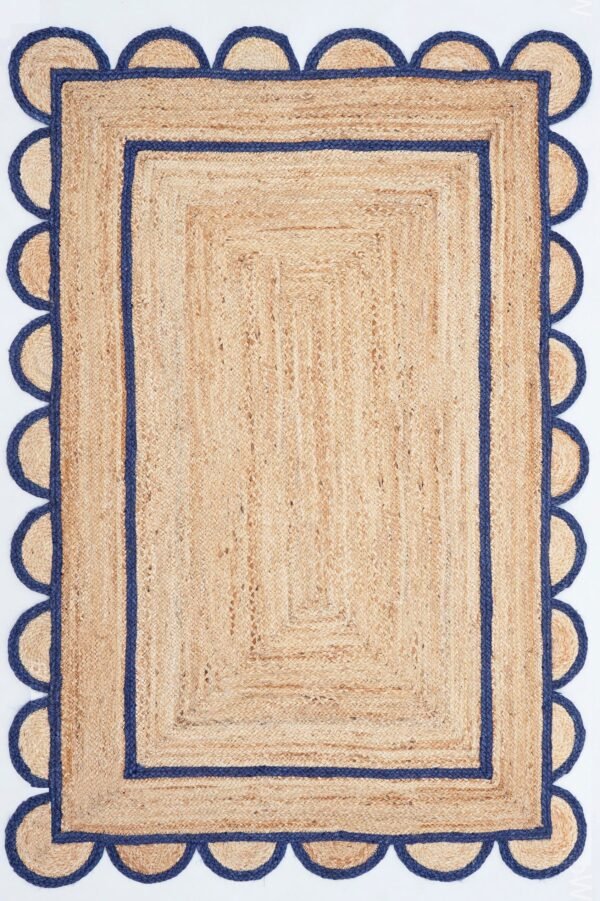 Navy Blue Jute Scallop Rug Boho Decor Scalloped Jute Rug