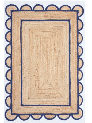 Navy Blue Jute Scallop Rug Boho Decor Scalloped Jute Rug