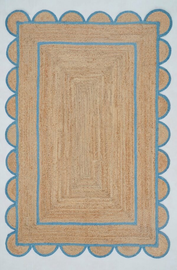 Natural Jute Scallop Rug Blue Edge Scalloped Jute rug
