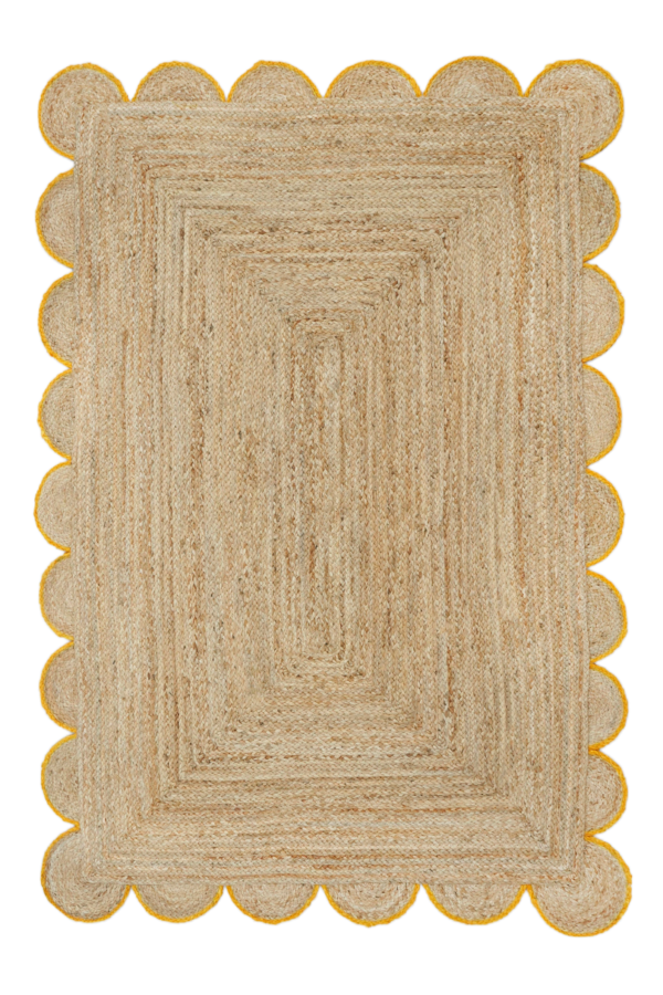 Natural Scalloped Jute Rug in yellow trim Braided Non Slip